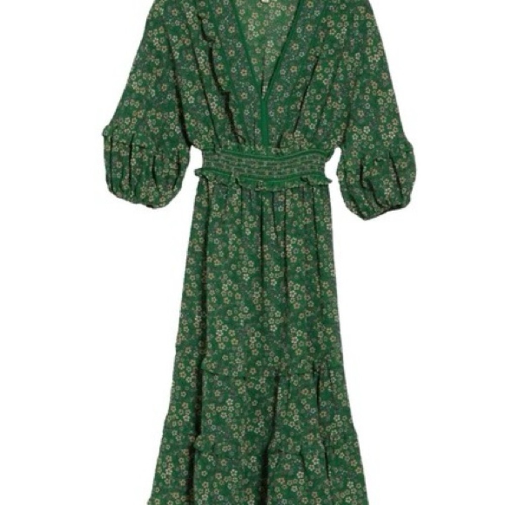 NWOT Max Studio Green Floral Bohemian Prairie Dress 3/4 sleeve - Picture 2 of 8
